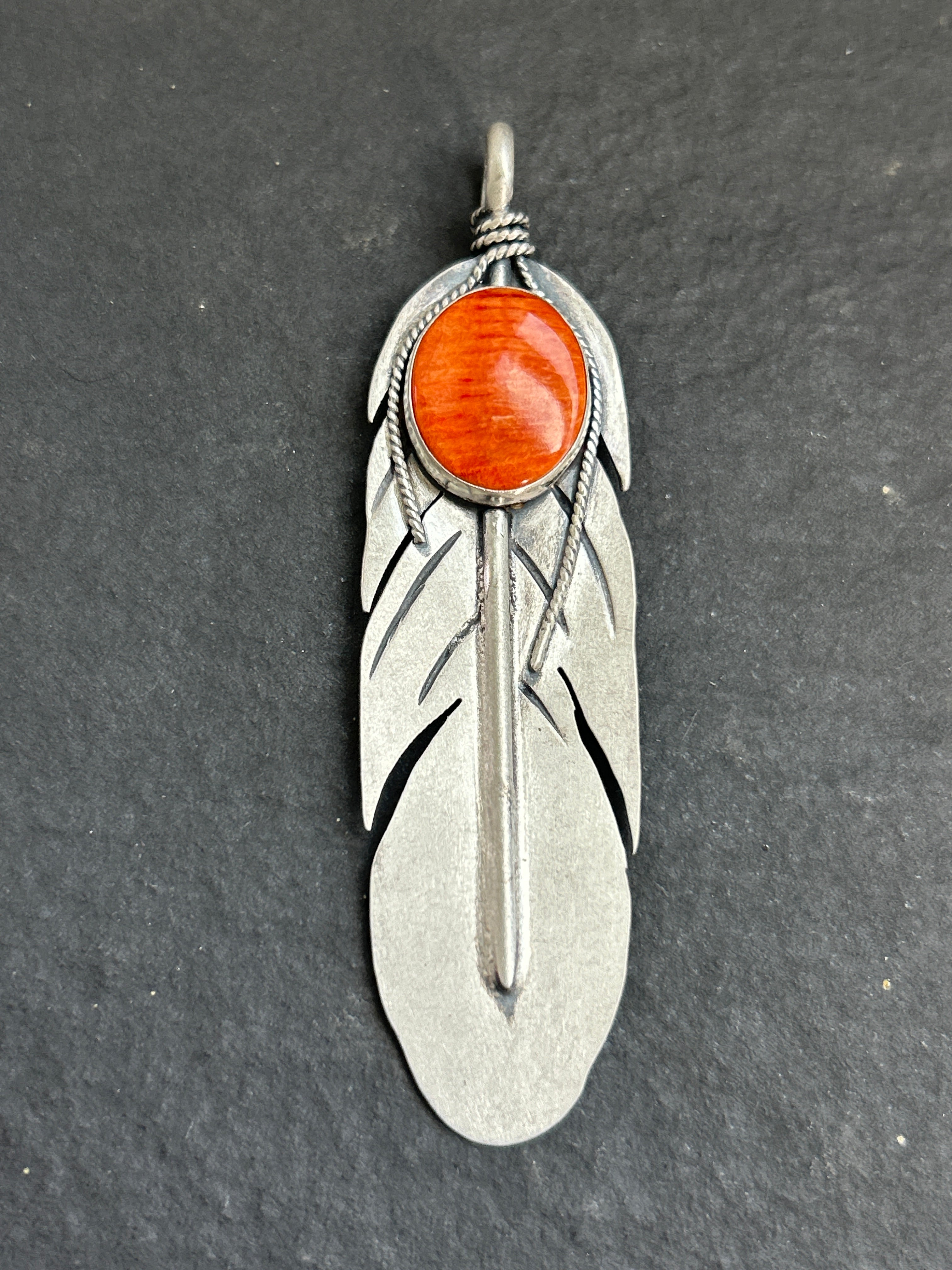 Orange Spiny Oyster Feather of Courage Pendant