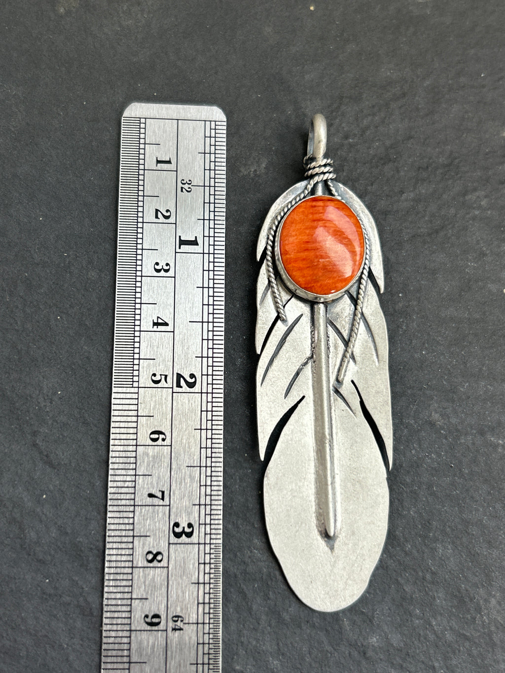 Orange Spiny Oyster Feather of Courage Pendant