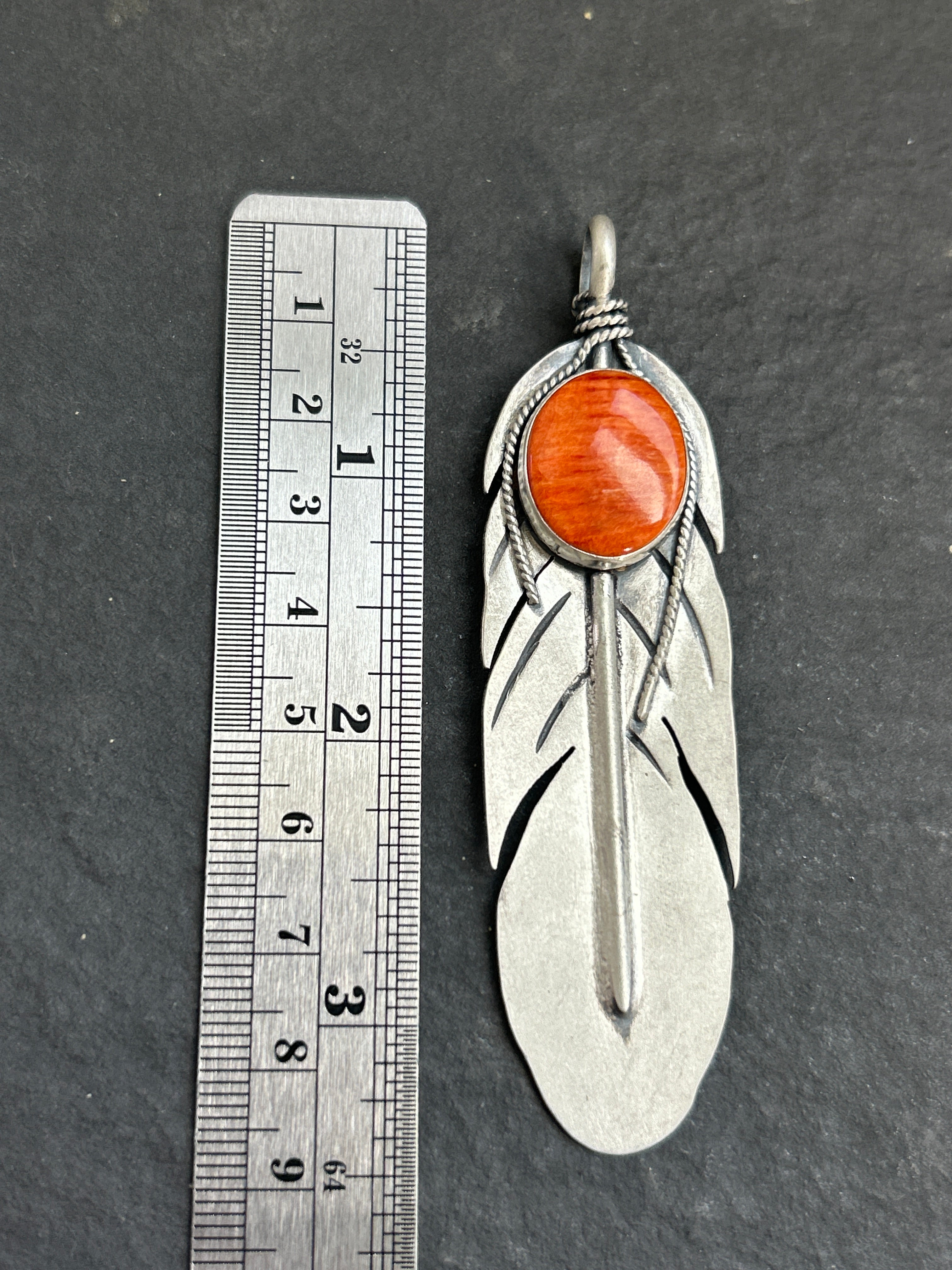 Orange Spiny Oyster Feather of Courage Pendant
