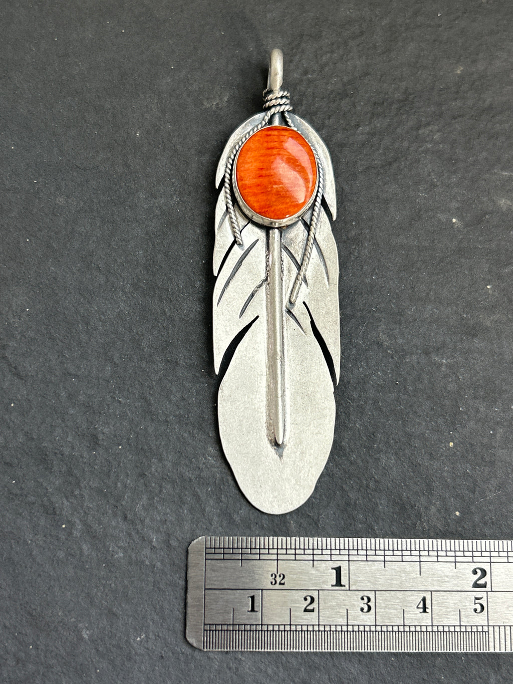 Orange Spiny Oyster Feather of Courage Pendant