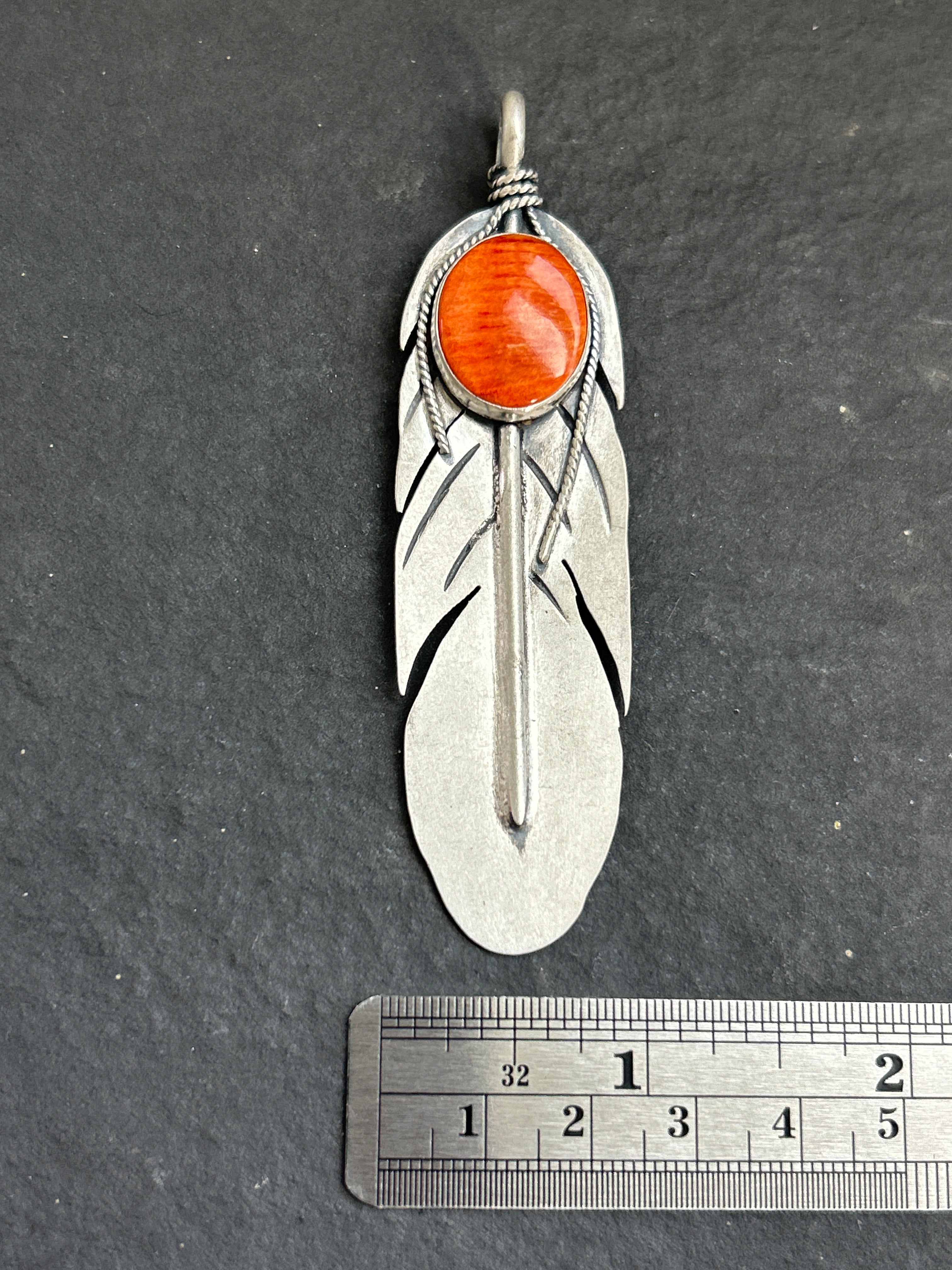 Orange Spiny Oyster Feather of Courage Pendant