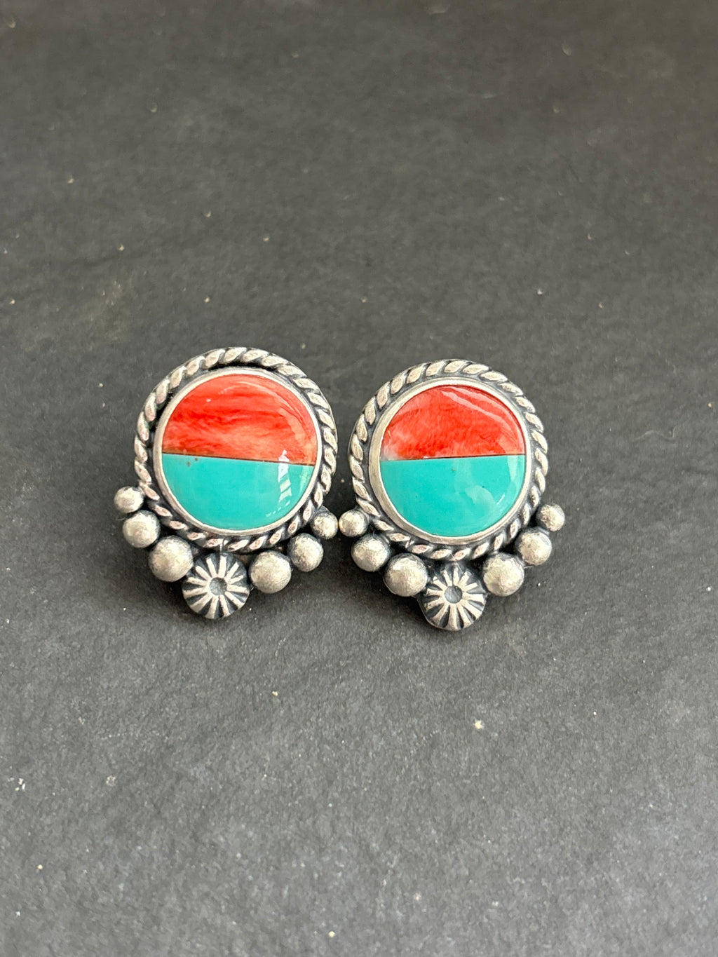Kingman + Red Spiny Inlay Stud Earrings