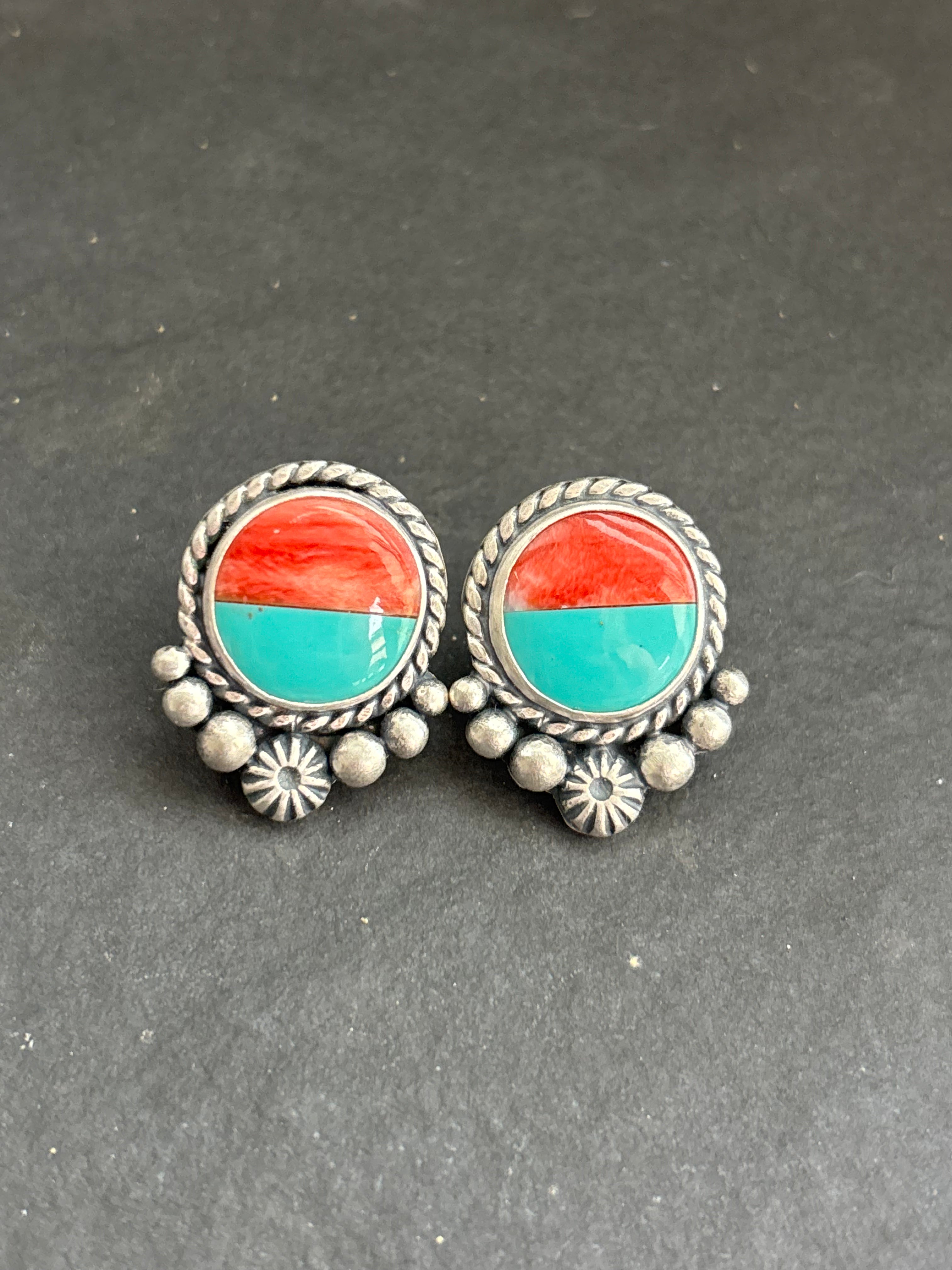 Kingman + Red Spiny Inlay Stud Earrings