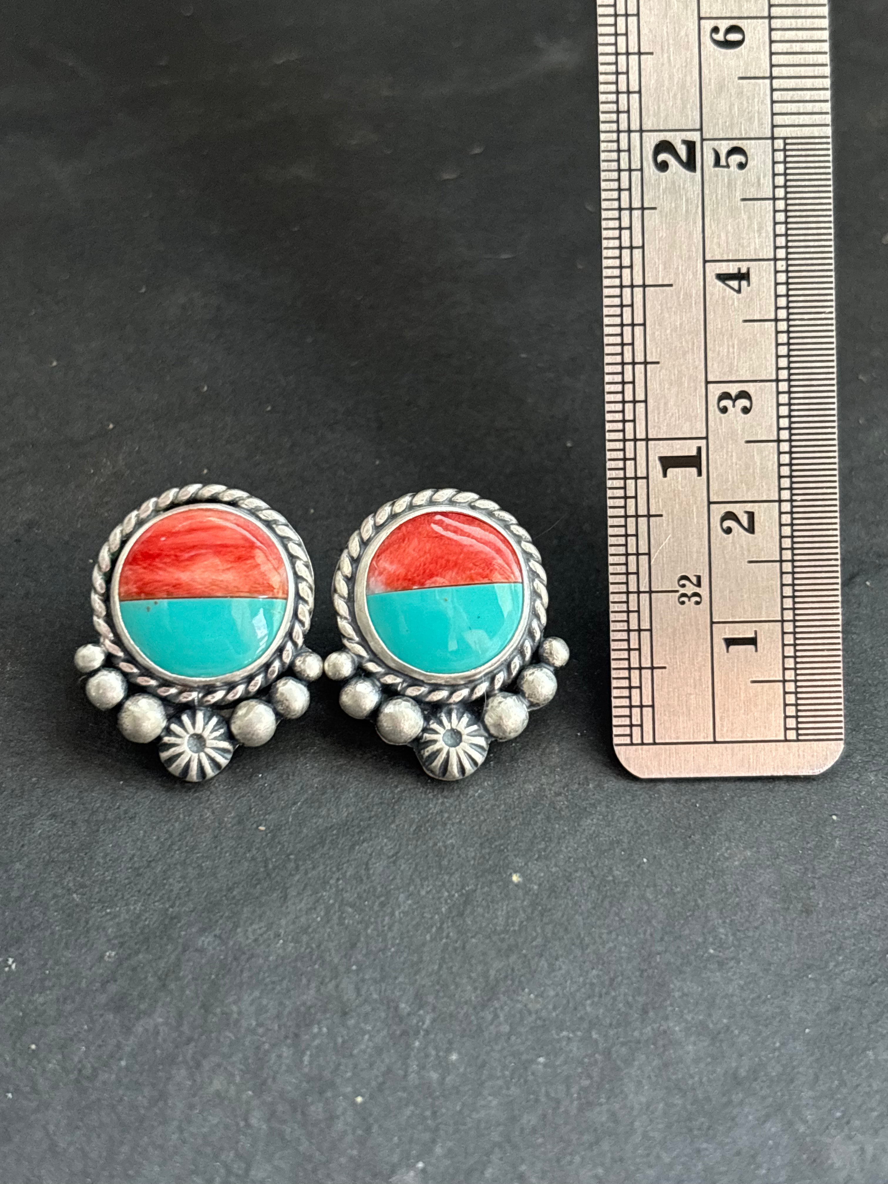 Kingman + Red Spiny Inlay Stud Earrings