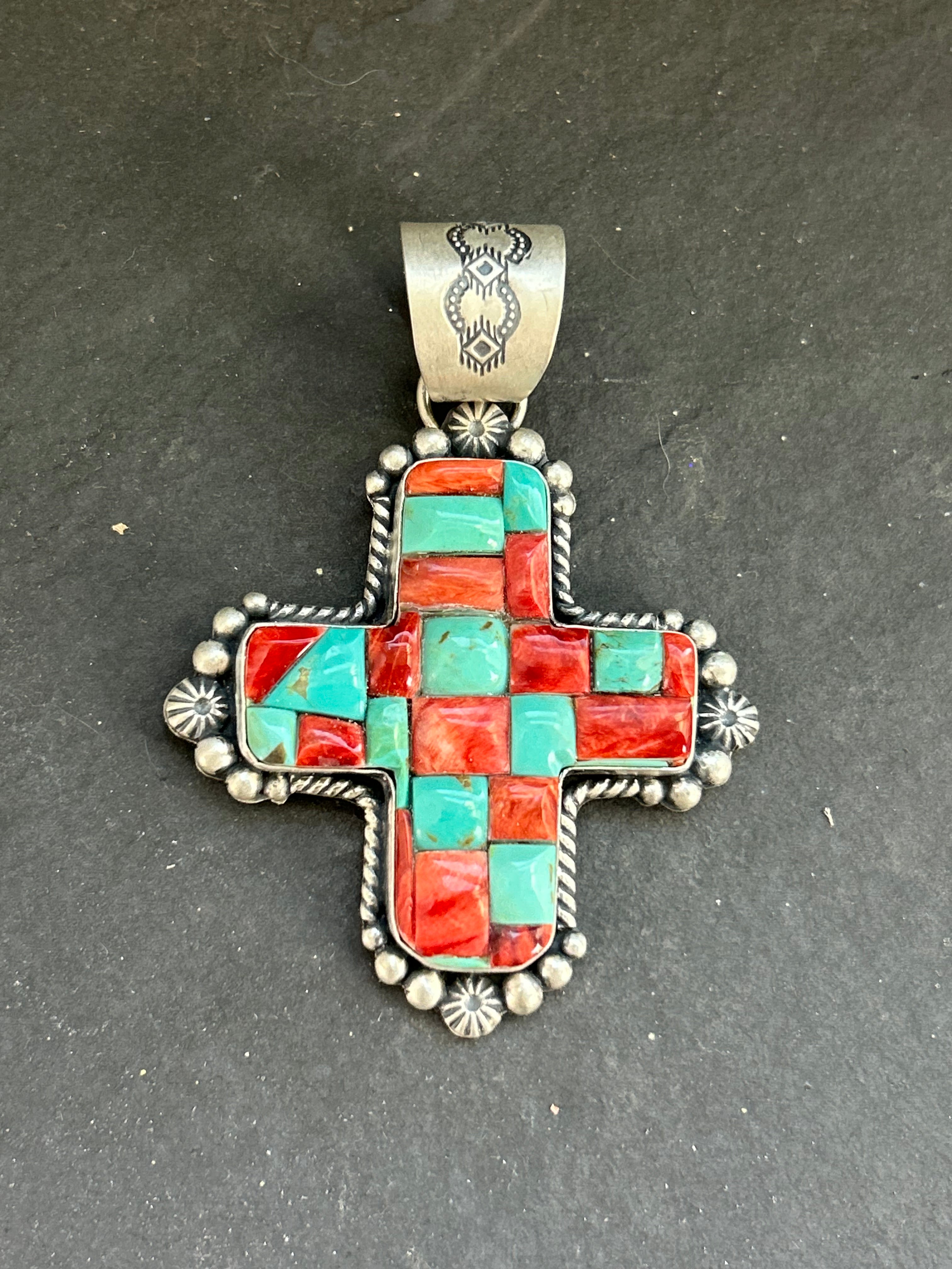 Item #20 Kingman Turquoise + Red Spiny Oyster Cross Pendant