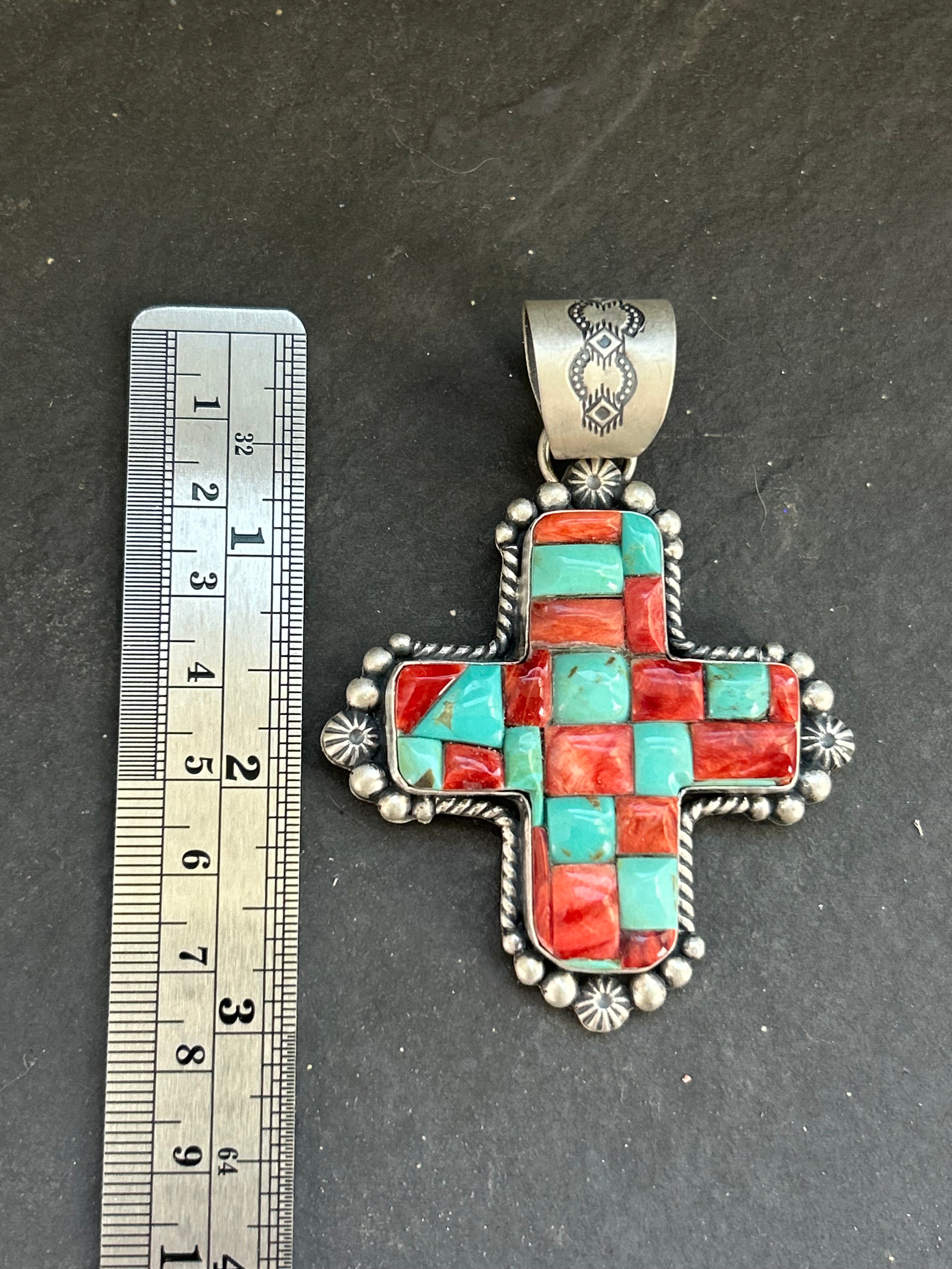 Item #20 Kingman Turquoise + Red Spiny Oyster Cross Pendant