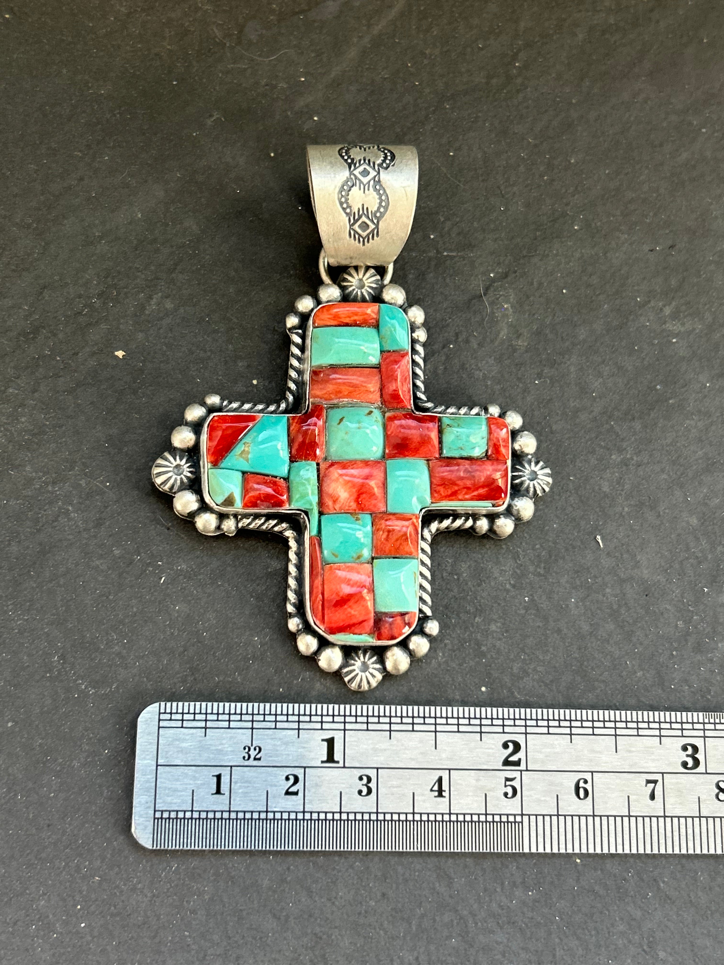 Item #20 Kingman Turquoise + Red Spiny Oyster Cross Pendant
