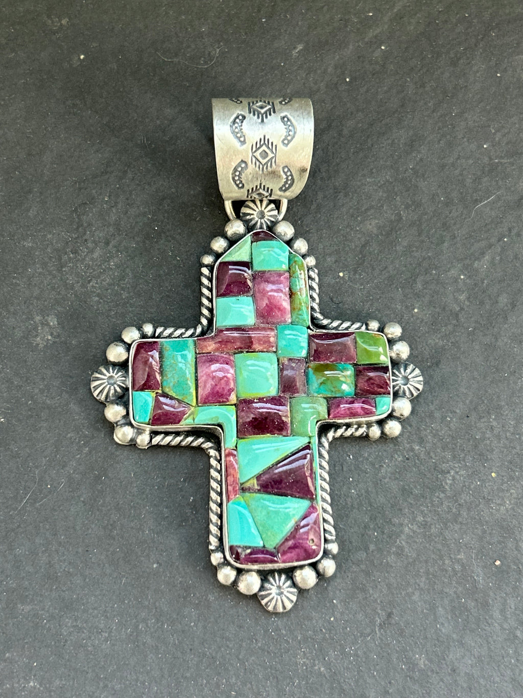 Item #18 Kingman Turquoise + Purple Spiny Oyster Cross Pendant