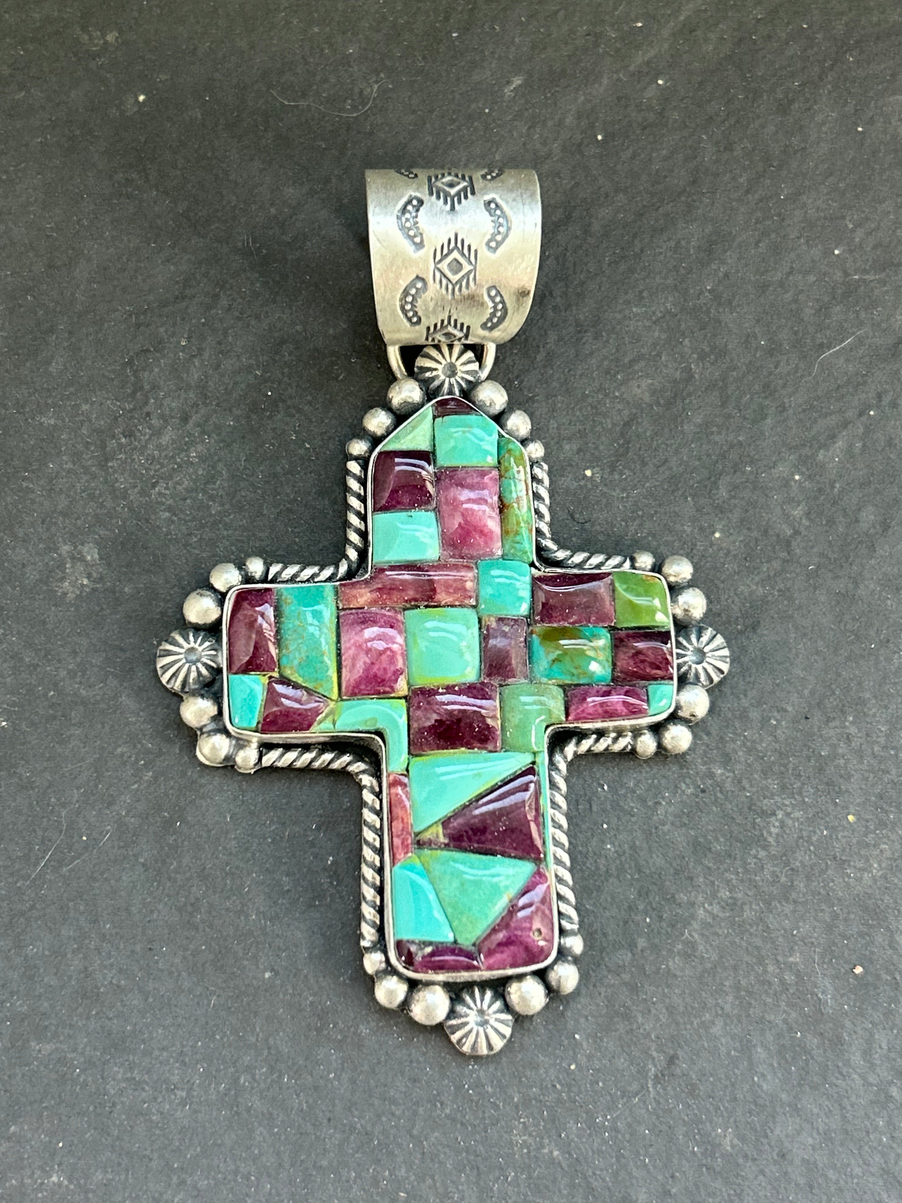 Item #18 Kingman Turquoise + Purple Spiny Oyster Cross Pendant