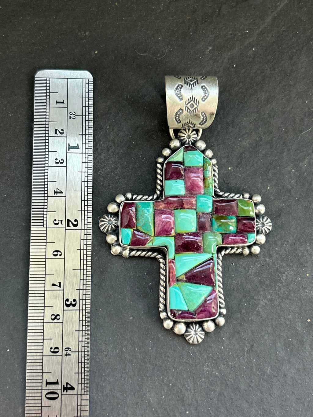 Item #18 Kingman Turquoise + Purple Spiny Oyster Cross Pendant