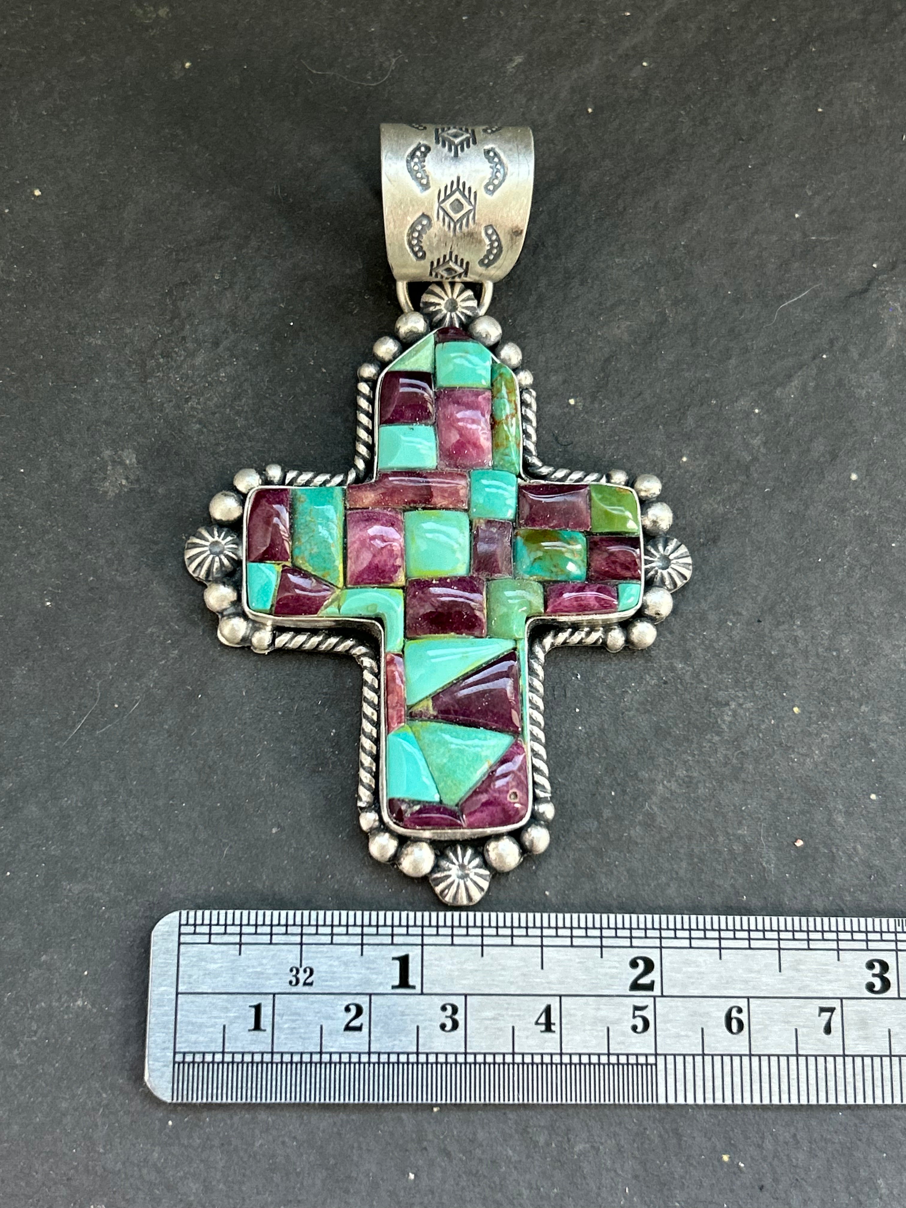 Item #18 Kingman Turquoise + Purple Spiny Oyster Cross Pendant