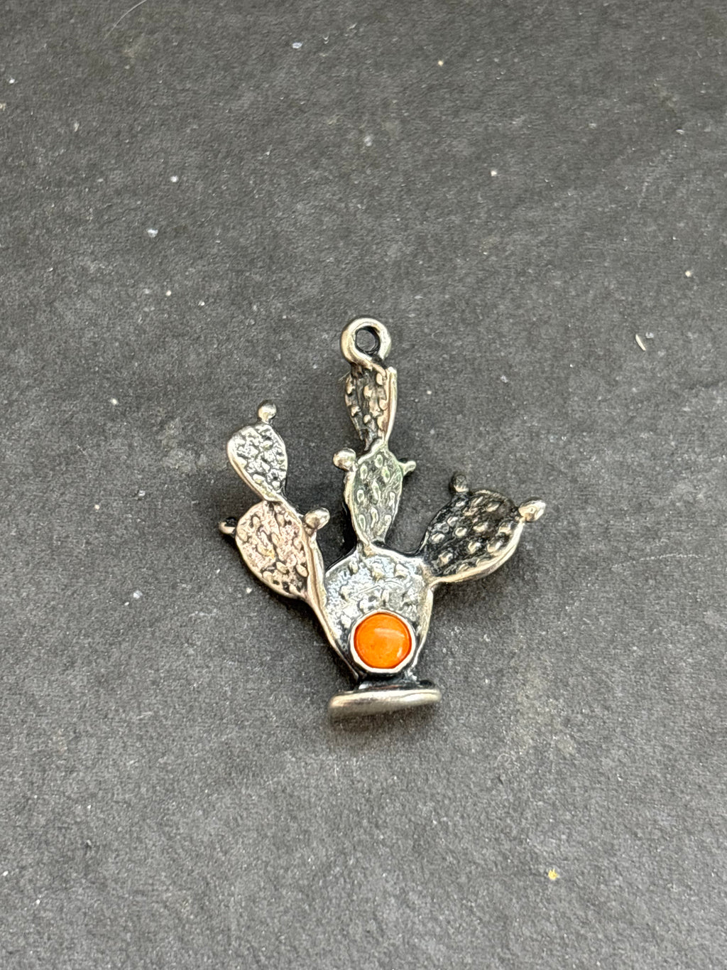 Orange Spiny Oyster Prickly Pear Cactus Charm in sterling silver, front view