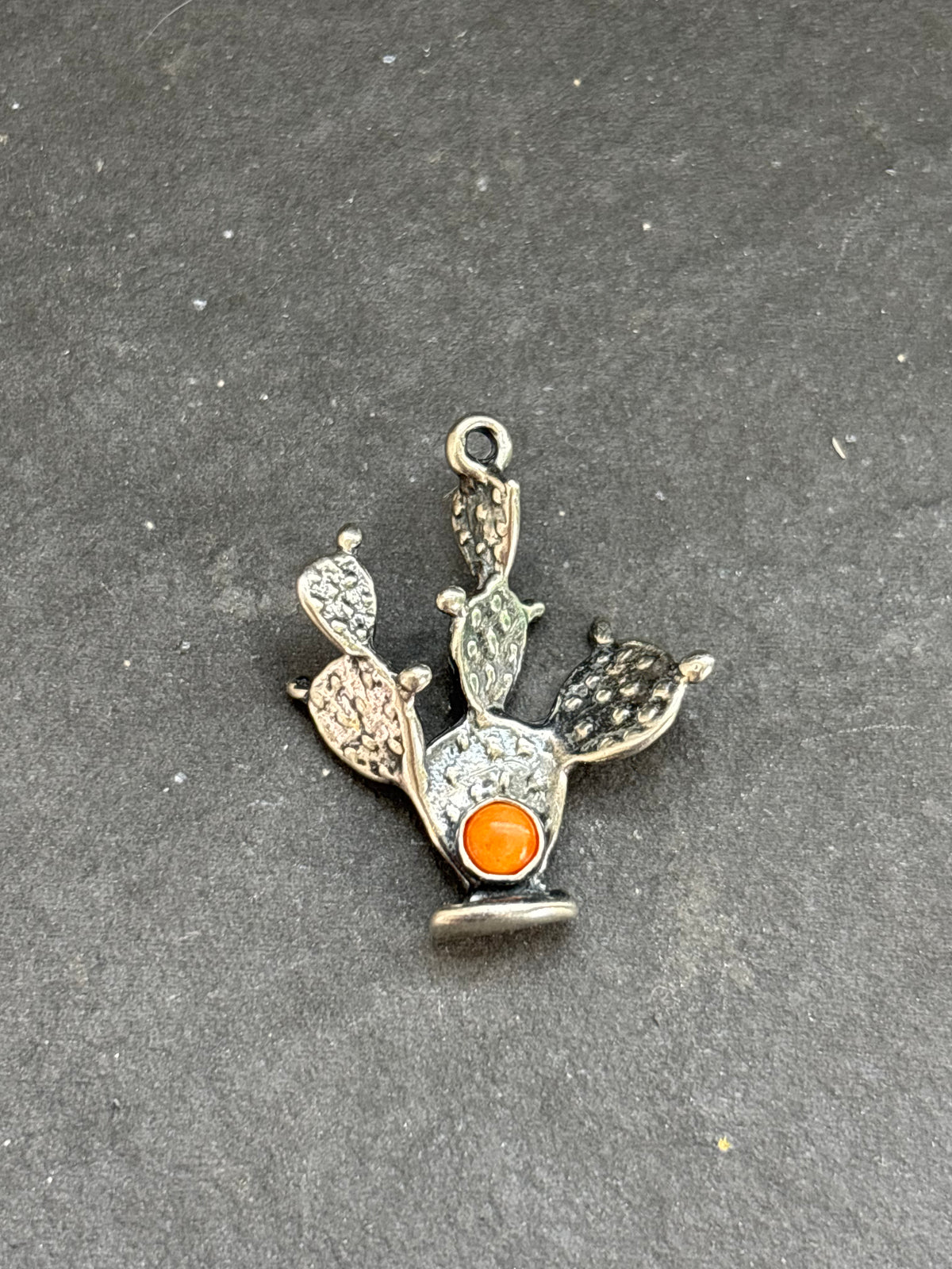 Orange Spiny Oyster Prickly Pear Cactus Charm in sterling silver, front view